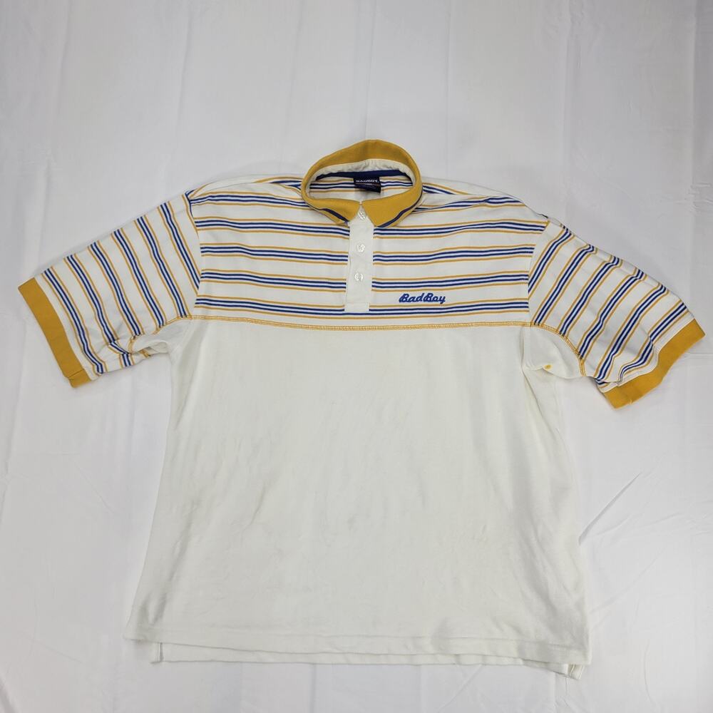 Bad Boy Polo Shirt Mens Large White Blue Yellow Embroidered Casual Streetwear